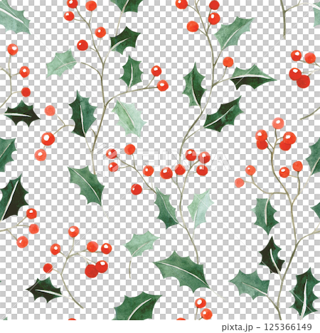 Watercolor simple illustration. Seamless pattern of Christmas holly branches 125366149