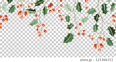 Watercolor illustration. Seamless border of Christmas holly branches 125366151