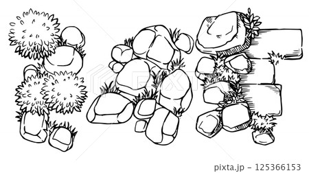 Top view stone pavement with grass and bushes, hand drawn. architectural ink drawing, vector.	 125366153