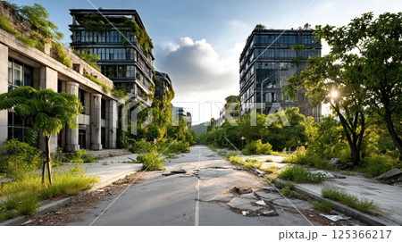Post-apocalyptic earth: nature reclaims urban landscape after world end 125366217
