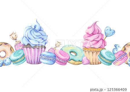 Watercolor seamless border with array of sweets, including cupcakes, donuts, macarons, candies and lollipops. Perfect for party invitations, packaging or kitchen art Watercolor seamless border with array of sweets, including cupcakes, donuts, macarons, candies and lollipops. Perfect for party invitations, packaging or kitchen art 125366409
