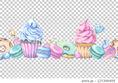 Watercolor seamless border with array of sweets, including cupcakes, donuts, macarons, candies and lollipops. Perfect for party invitations, packaging or kitchen art Watercolor seamless border with array of sweets, including cupcakes, donuts, macarons, candies and lollipops. Perfect for party invitations, packaging or kitchen art 125366409