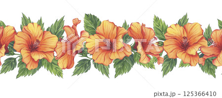 Tropical orange hibiscus floral border in watercolor technique Tropical orange hibiscus floral border in watercolor technique 125366410