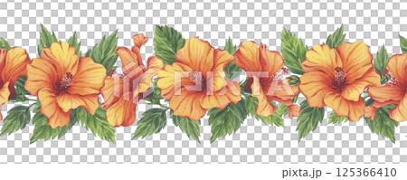 Tropical orange hibiscus floral border in watercolor technique Tropical orange hibiscus floral border in watercolor technique 125366410