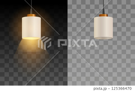 Ceiling lamp with white lampshade switch on, off, realistic hanging chandelier with light bulb vector illustration set Ceiling lamp with white lampshade switch on, off, realistic hanging chandelier with light bulb vector illustration set 125366470