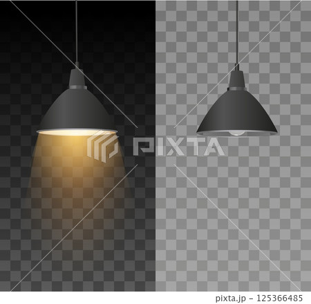 Vector set of ceiling lights with lampshade, light on and off. 125366485