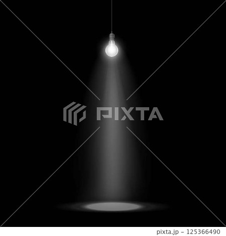 Light bulb warm light glowing, ceiling lamp switch on, hanging lightbulb round shape, vector realistic illumination 125366490