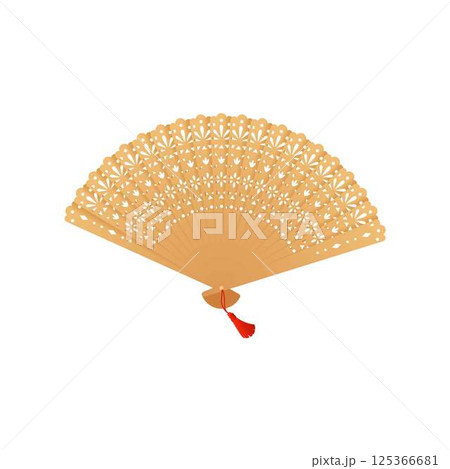 Vintage Japanese and Chinese bamboo hand fan decorated engraved ornament and red braid flat vector icon, Asian uchiwa 125366681