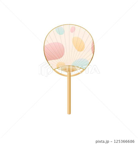 Vintage Japanese and Chinese hand fan decorated rounded pattern flat vector icon, bamboo and paper accessory air cooling 125366686