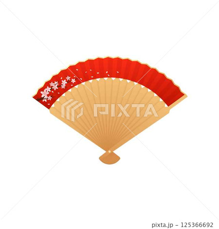 Vintage Japanese and Chinese folding hand fan decorated Sakura flowers vector icon, open bamboo and red paper accessory Vintage Japanese and Chinese folding hand fan decorated Sakura flowers vector icon, open bamboo and red paper accessory 125366692