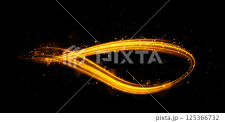 A beautiful golden light wave gracefully flows across a dark background, enhanced by a sparkling shimmering effect 125366732