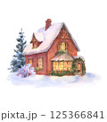 Watercolor red house with light in windows in winter background. Hand painted Christmas illustration with snow isolated on white background. Holiday card for design, fabric, print, or background. 125366841