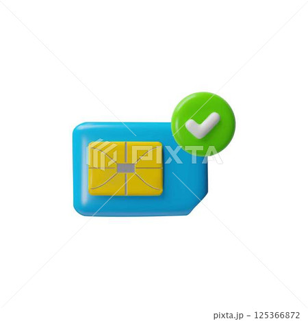 3D vector illustration of mobile phone SIM card with round green check mark icon. 3D vector illustration of mobile phone SIM card with round green check mark icon. 125366872