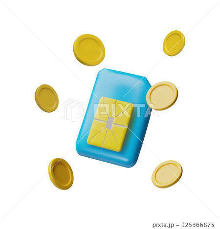 Sim card microchip and coins falling 3D vector illustration, wireless GSM equipment for mobile smartphone and money 125366875