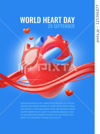 World heart day, 29 September, vector medical healthcare awareness 3D poster design, volume heart internal organ prevent 125366877