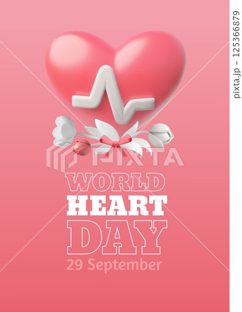 World heart day, 29 September, vector healthcare awareness 3D poster, volume heart shape with flowers and pulse sign World heart day, 29 September, vector healthcare awareness 3D poster, volume heart shape with flowers and pulse sign 125366879