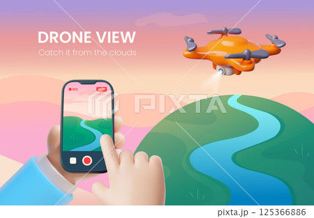 Drone with camera, hand holding smartphone with view from quadcopter cam, aerial photo, video shooting 3D vector banner 125366886