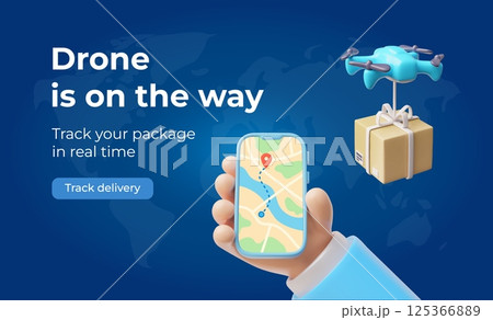 Drone with parcel on the way, hand holding smartphone with map, track delivery service in real time 3D vector banner 125366889
