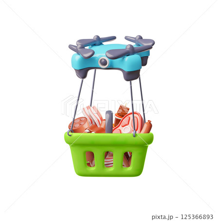 Drone express food delivery service, shopping basket with sausages, meat, bacon and ribs 3D style vector illustration 125366893