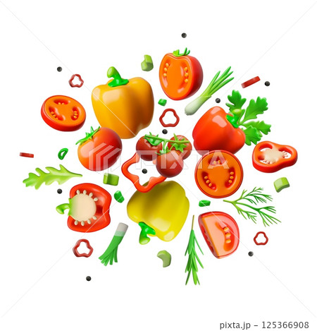 Bell peppers and tomatoes with greens 3D vector round design, glossy ripe vegetables slice, natural healthy plant food 125366908