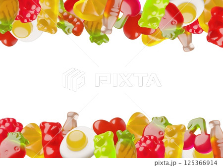 Chewy jelly gummy candies 3D vector frame, heart, bear, coca cola, scrambled egg, fruit and berries flavors and shapes 125366914