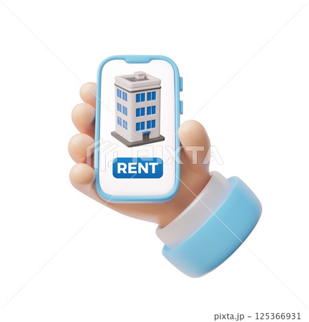 RENT real estate online service advertising 3D vector design, smartphone in hand with house building on the screen 125366931