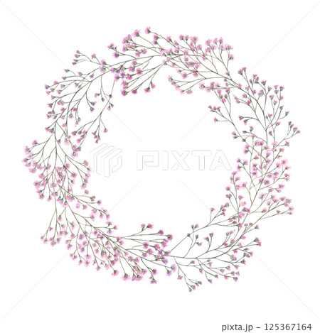 Watercolor intertwining pink gypsophila branches wreath isolated background. Hand painted baby breath flowers illustration with empty space for text. For stationery, spa decor, gift packaging. 125367164