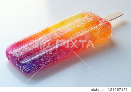 Popsicle with rainbow colors on a long stick on a white background. Summer fun. Retro style. 125367171