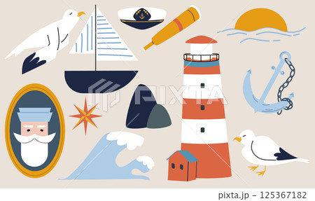 Nautical romantic elements. Marine stickers. Life buoy, steering wheel, anchor and seagull, lighthouse. 125367182