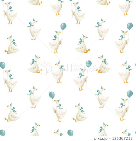 Cute goose pattern for boys, featuring funny geese in festive hats holding balloons. This playful design, set against a watercolor background, is perfect for kids' textiles and nursery decor. Cute goose pattern for boys, featuring funny geese in festive hats holding balloons. This playful design, set against a watercolor background, is perfect for kids' textiles and nursery decor. 125367215