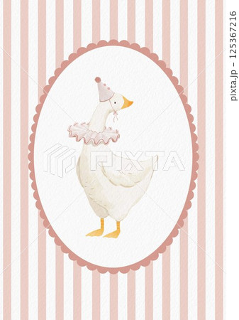 Cute goose illustration for a girl, featuring a festive hat and collar. This beige poster with an oval frame showcases a farm bird in a watercolor cottagecore style, perfect for kids' textile and 125367216