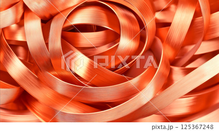 Pile of scrap copper strips, close up shot of copper shavings. Ideal for use in contexts related to raw material sourcing, industrial recycling, manufacturing, and sustainable metal reuse 125367248