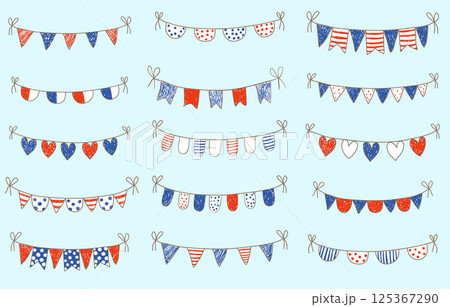 Cute doodle buntings in blue and red colors for nautical decor or fourth of july designs Cute doodle buntings in blue and red colors for nautical decor or fourth of july designs 125367290