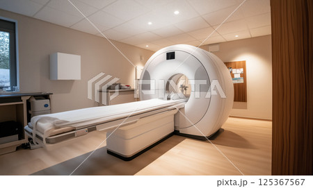 Modern MRI scanner machine in hospital room with empty bed awaiting patient Modern MRI scanner machine in hospital room with empty bed awaiting patient 125367567