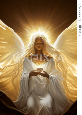 A woman angel holding a cup in her hand 125367791