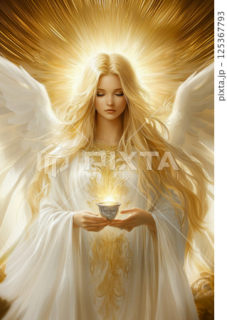 A woman with long blonde hair is holding a small golden cup 125367793