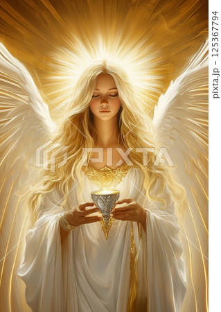 A woman with long blonde hair is holding a cup in her hand 125367794