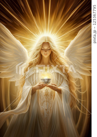 A woman with long blonde hair is holding a small object in her hand 125367795