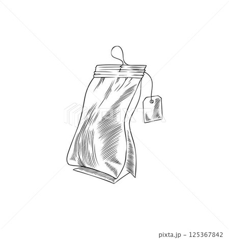 Tea bag with tag on a rope vector hand drawn engraved illustration, kraft packet closed bag package for brewing beverage 125367842