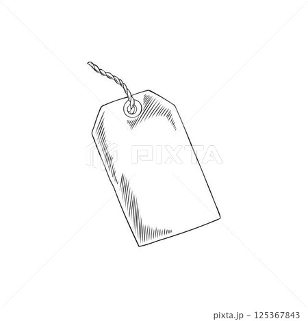 Paper tag on a rope vector sketch, empty blank of price label, special offer sticker, hand drawn engraved packing string 125367843