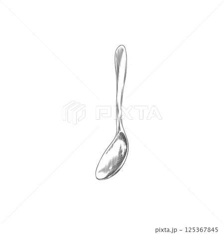 Sketch drawing of a spoon, kitchenware, cutlery vector engraved hand drawn icon, stainless steel tableware, teaspoon 125367845