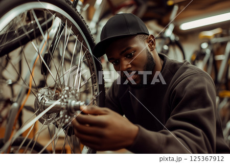 A man is fixing a bicycle tire 125367912