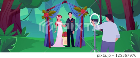 Wedding venue in the forest vector illustration, marriage ceremony, happy bride and groom posing for a photo near altar 125367976