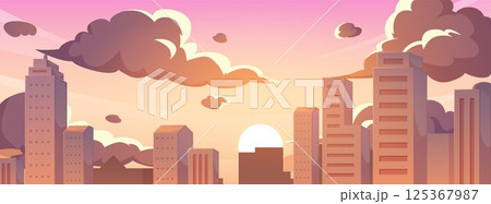 Sunset or sunrise over city, silhouettes of buildings and skyscrapers in the light of sun vector cityscape Anime style 125367987