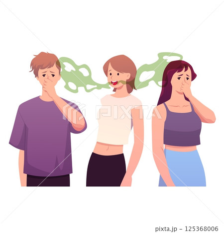 Woman bed smell breathing, people cover nose with hand, smelly mouth health oral care problems vector flat illustration 125368006
