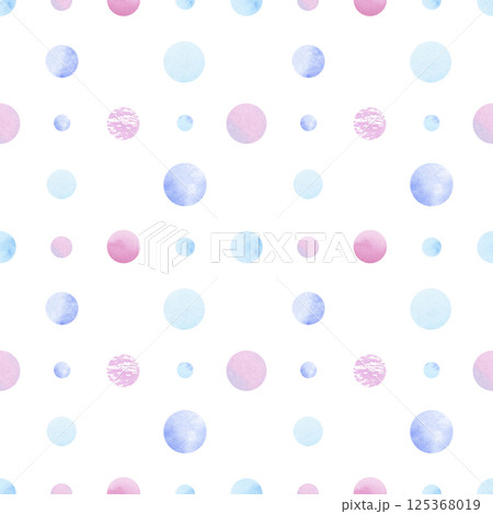 Seamless watercolor dot pattern in blue and pink tones. Hand-drawn backdrop with delicate circles on a white background. Ideal for textiles, wrapping paper, nursery decor, and digital design 125368019