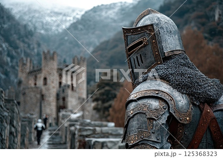 Medieval knight in steel armor against the background of castle walls. A striking knight stands proud before the castle walls, showcasing the artistry of his intricate armor. 125368323