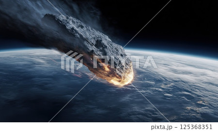 Space threat - huge asteroid. A meteorite flies over the surface of the Earth. The meteorite flies overhead, creating a mesmerizing spectacle for those below on Earth. 125368351