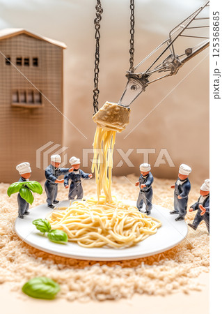 A group of men are playing with a toy crane A group of men are playing with a toy crane 125368685