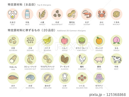 食品アレルゲン表示アイコンセット_28品目_カラー(日本語+英語) 食品アレルゲン表示アイコンセット_28品目_カラー(日本語+英語) 125368868